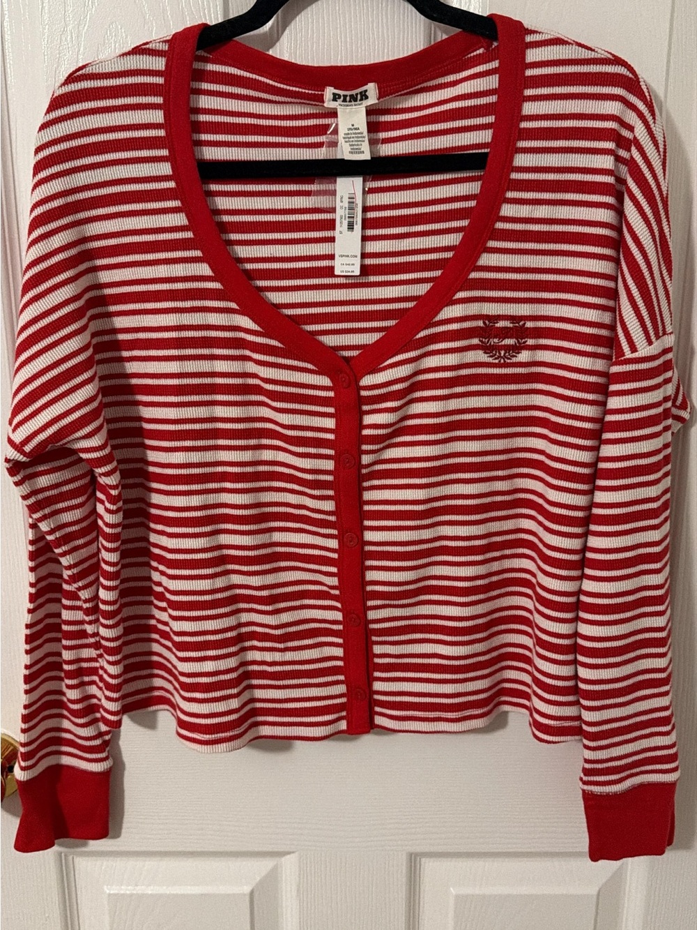 PINK Victoria's Secret Red & White Striped Button-Front Long Sleeve Top